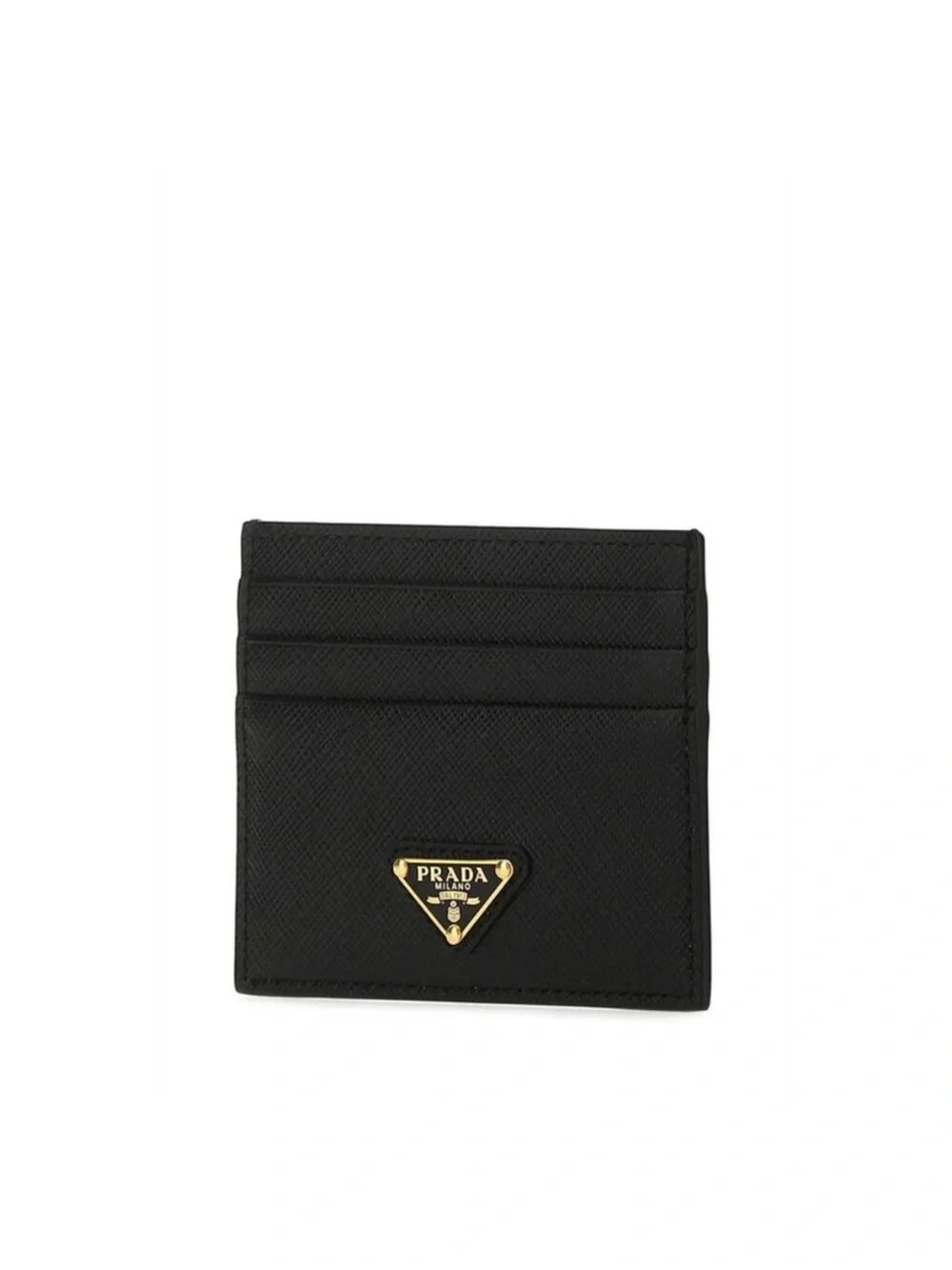 Fashion, Prada Black Saffiano Card Case with Gold Triangle Logo